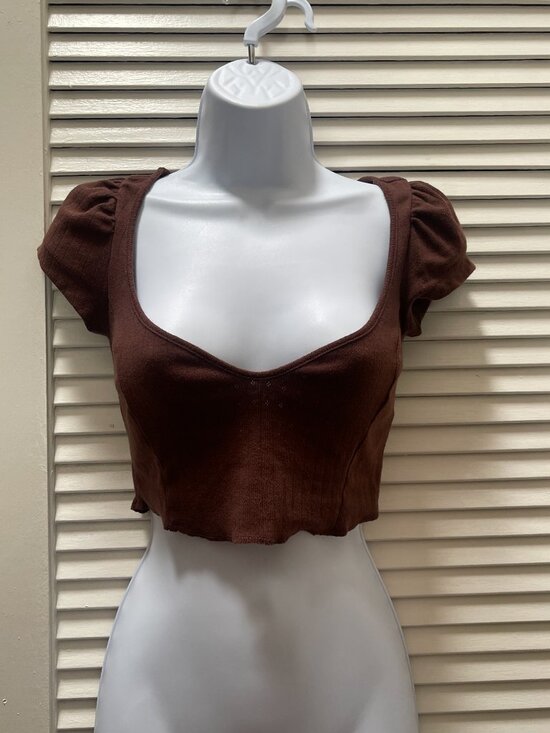 Urban Outfitters Tops - Urban Outfitters Chocolate Brown Puff Sleeve Coquette Crop Top XS